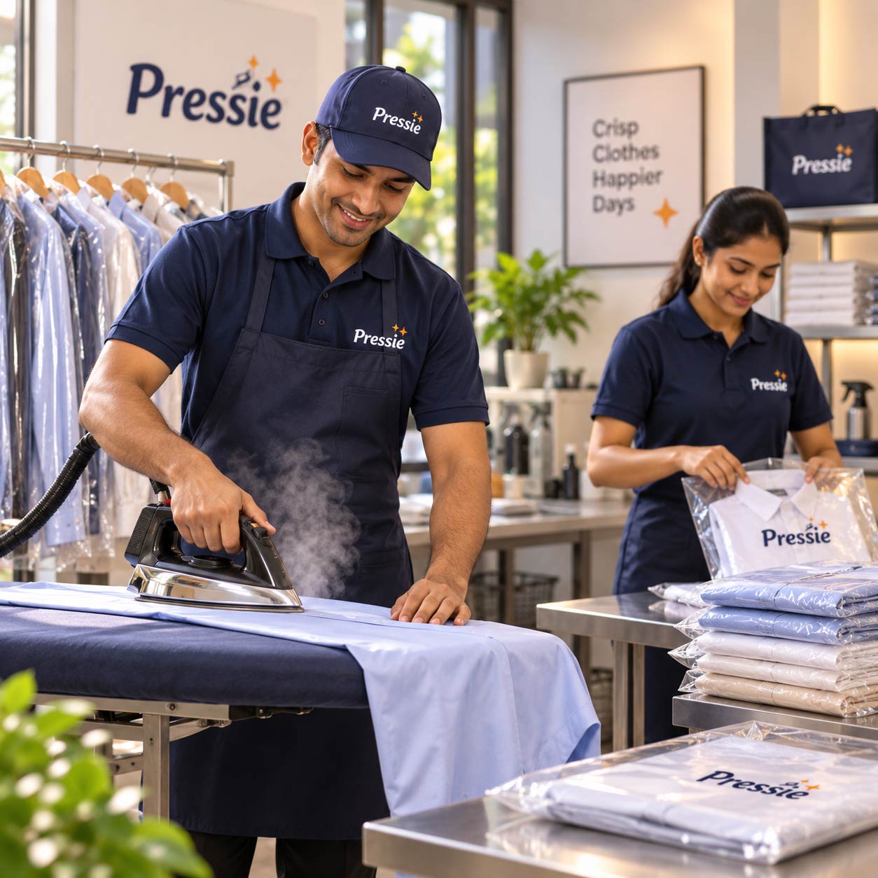 Freshly steam pressed shirts on hangers