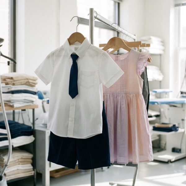 Pressed school uniforms and kids' clothes