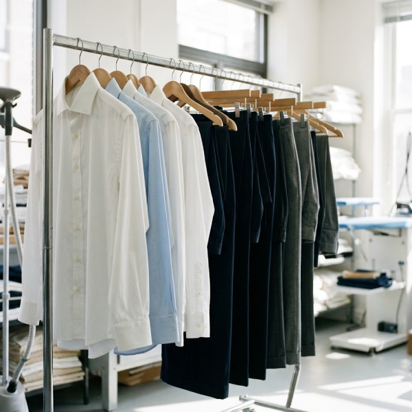 Pressed shirts and pants on hangers