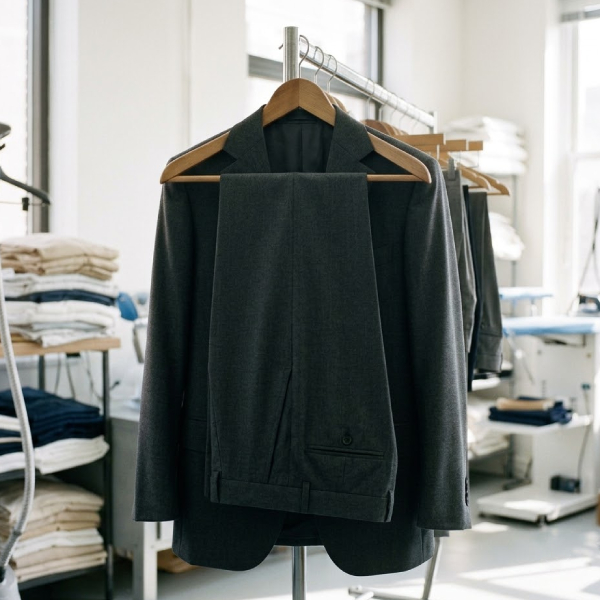 A pressed suit jacket on a hanger