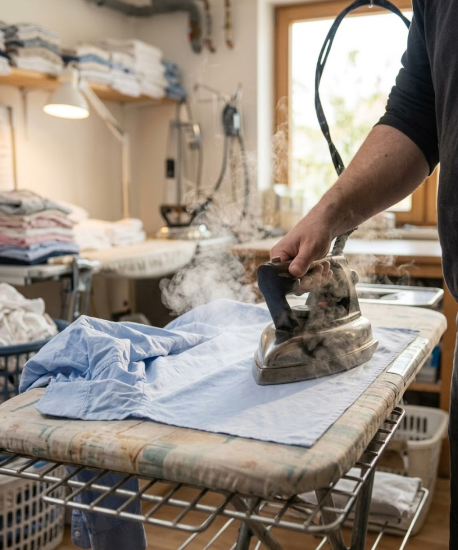 A steam iron pressing a shirt
