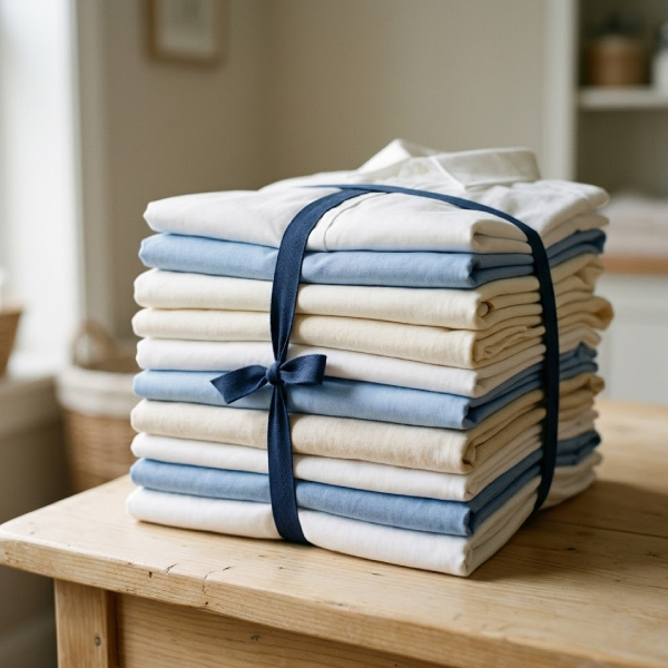 A stack of neatly folded, pressed clothes